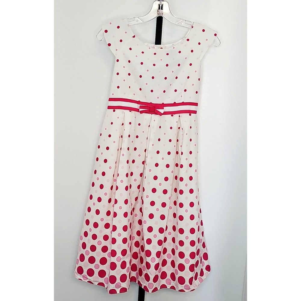 Girls White Pink Polka Dot Party Dress Petticoat Lined Bow Tie Back Size 14